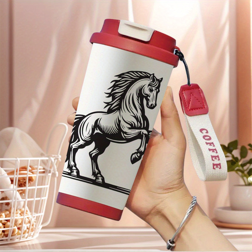 Mug élégant à motif cheval au galop (1 pièce) - Tasse à café isotherme à double paroi en acier inoxydable 316 de 500 ml avec couvercle étanche