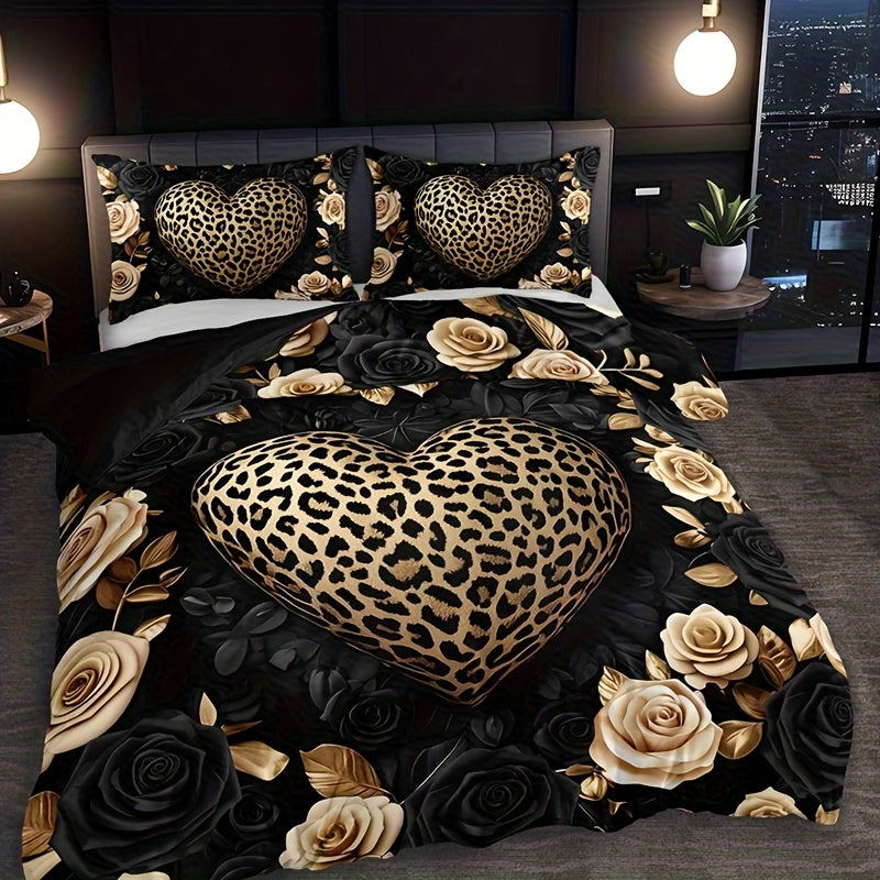 Parure de lit 3 pièces à imprimé léopard et roses (1 housse de couette + 2 taies d'oreiller, sans garniture), style rétro romantique luxueux, impression haute définition