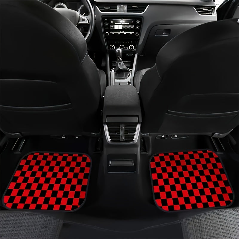 Lot de 4 tapis de sol rouges à carreaux pour voiture - Polyester résistant