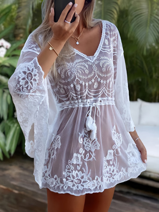 Cache-maillot de plage pour femme avec manches chauve-souris, design ajouré