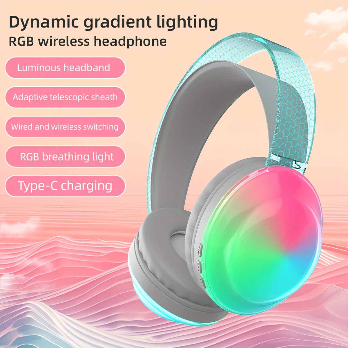 Casque sans fil léger 5.3 + EDR, casque circum-aural sans fil avec micro et lumières