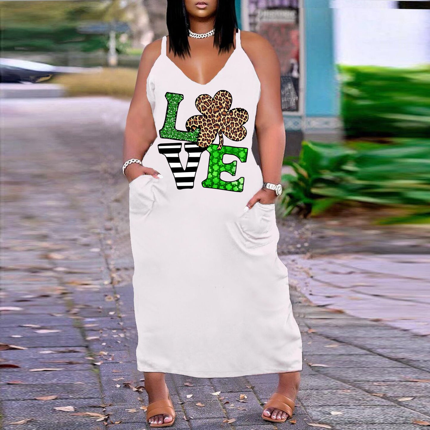 Robe imprimée sexy à col en V, coupe ample et ajustée, grande taille, style européen et américain