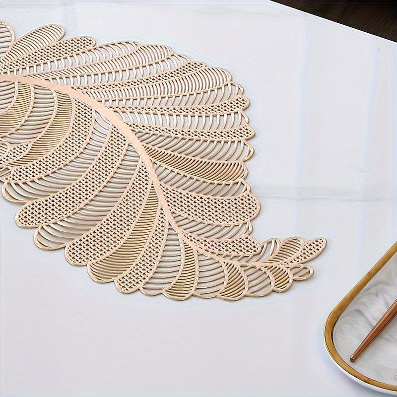 Leaf-Shaped PVC Hollow-Out Golden Stamping Non-Slip Table Runner - Decorative Plastic Table Runner 1pc for Dining and Coffee Table - Topdecheztop.fr