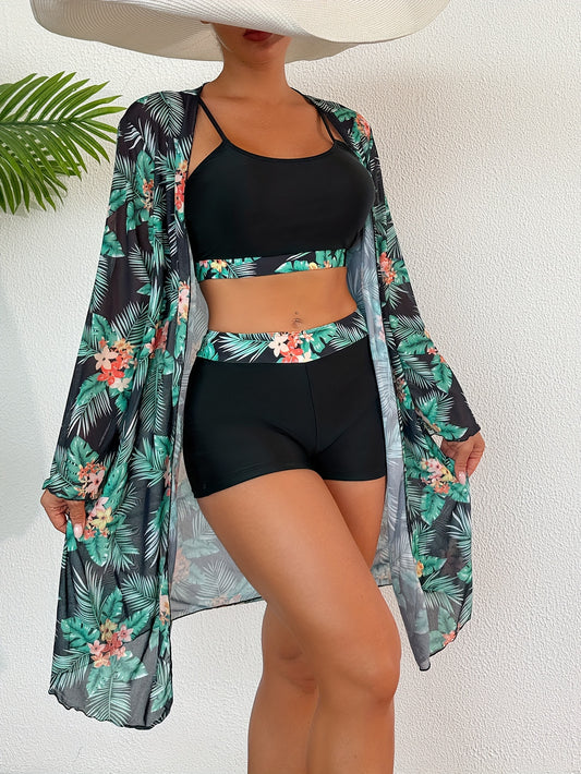 Maillot de bain 3 pièces taille haute pour femme, imprimé tropical
