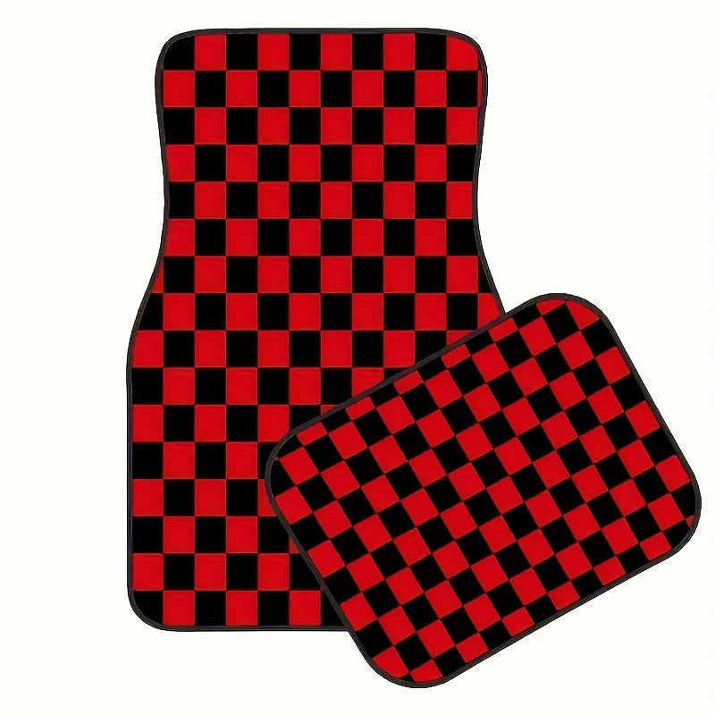 Lot de 4 tapis de sol rouges à carreaux pour voiture - Polyester résistant