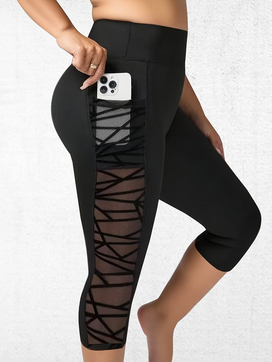 1pc Women'S Plus Size High-Waisted Yoga Pants with Mesh Panels - Stretchy, Side Pockets, and Slim Fit for Running, Cycling, and Workouts - Black, Workout Leggings | Highwaisted Leggings | Stretchy Fabric - Topdecheztop.fr
