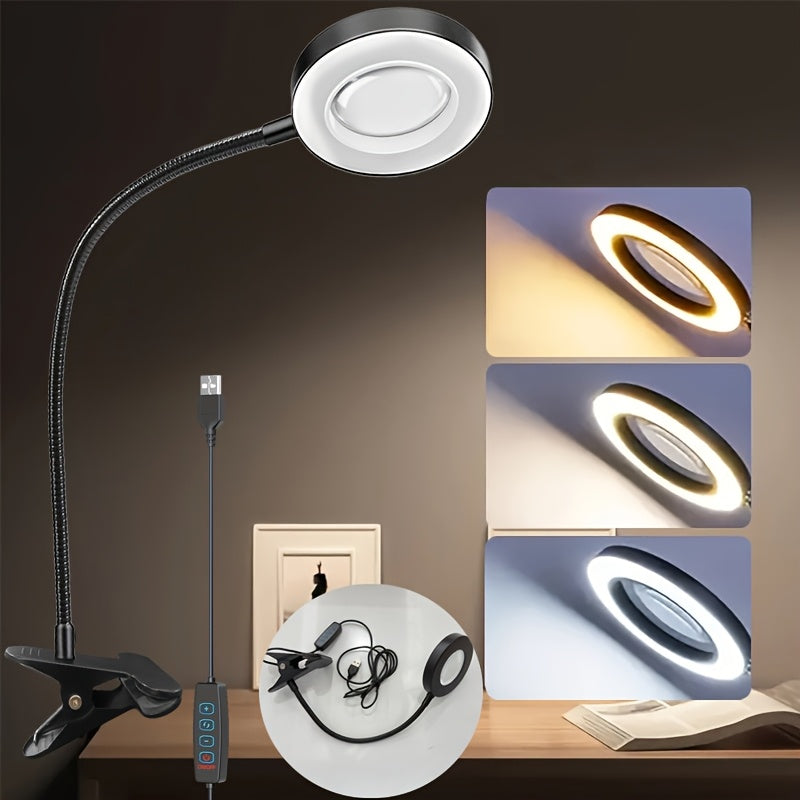 Lampe de bureau LED loupe intégrée (1 pièce), lampe à pince LED, 3 modes d'éclairage