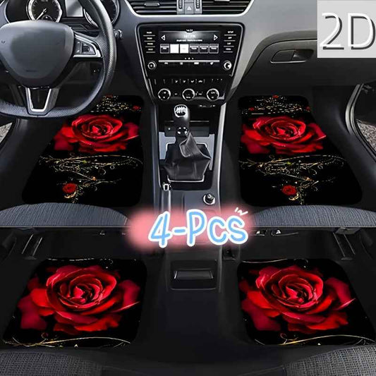 Red Rose Art Pattern Car Premium Floor Mats Set, Universal Front and Rear Row Footmats for Cars, All-Weather Non-Slip Mats, Odorless Absorbent Durable Easy to Install