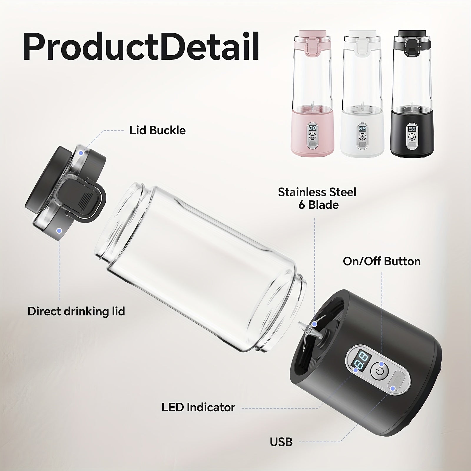 LALAYUAN USB-Powered Portable Blender & Juicer with Digital Timer, High-Speed Ice Crushing, One-Tap Lid, 1300mAh Battery, 6-Blade Stainless Steel, USB-C Charging, Compact Blender for Smoothies, Protein Shakes, Gym, Travel, Of - Topdecheztop.fr
