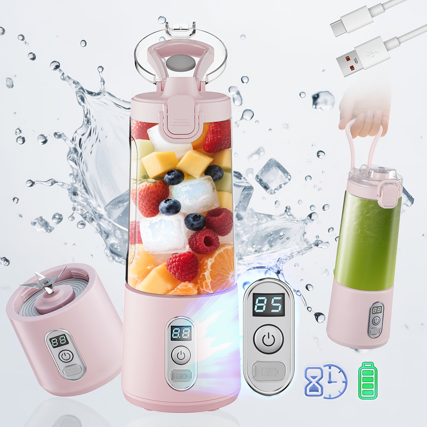 LALAYUAN USB-Powered Portable Blender & Juicer with Digital Timer, High-Speed Ice Crushing, One-Tap Lid, 1300mAh Battery, 6-Blade Stainless Steel, USB-C Charging, Compact Blender for Smoothies, Protein Shakes, Gym, Travel, Of - Topdecheztop.fr