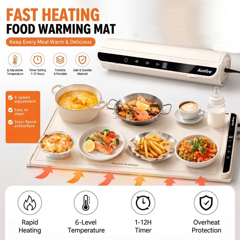 Plaque Chauffante Alimentaire, Chauffage Rapide, 3 Niveaux de Réglage, avec Minuteur et Écran LED, Pliable pour le Rangement, Plateau Chauffant Électrique, Coussin de Conservation des Aliments, Essentiel pour la Cuisine, Idéal pour les Réunions de Famille, les Fêtes et comme Cadeaux de Fêtes