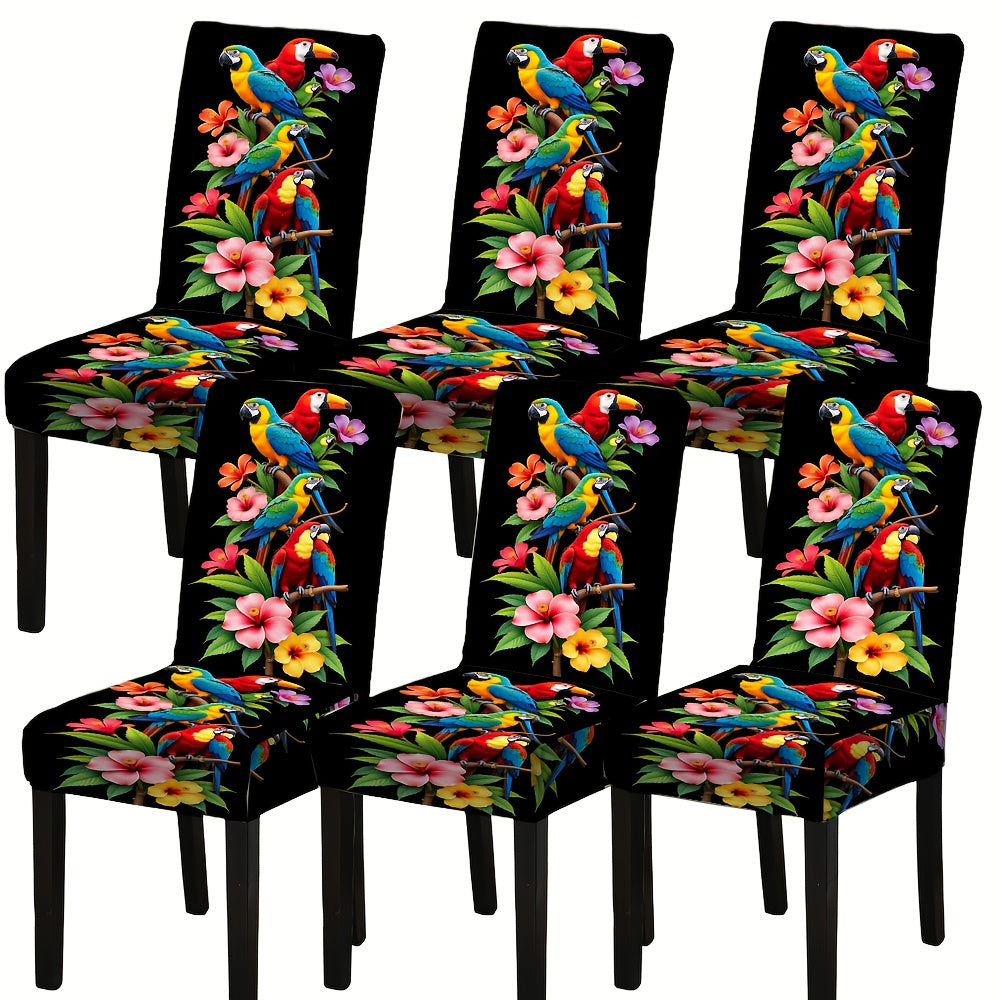 6 housses de chaises de salle à manger élastiques noires à motif floral