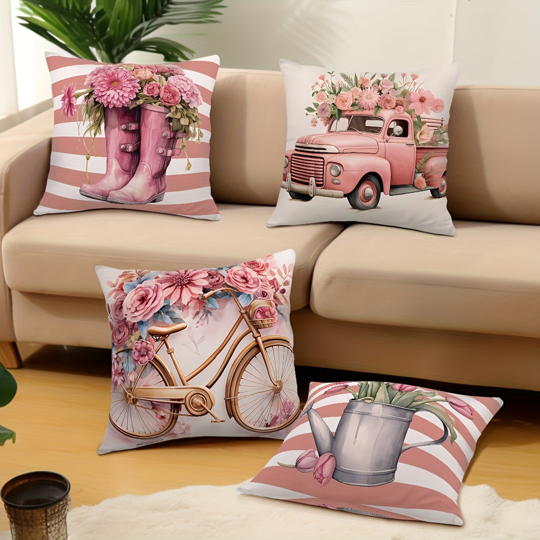 Lot de 4 taies d'oreiller en velours peau de pêche, motif aquarelle rose - Topdecheztop.fr