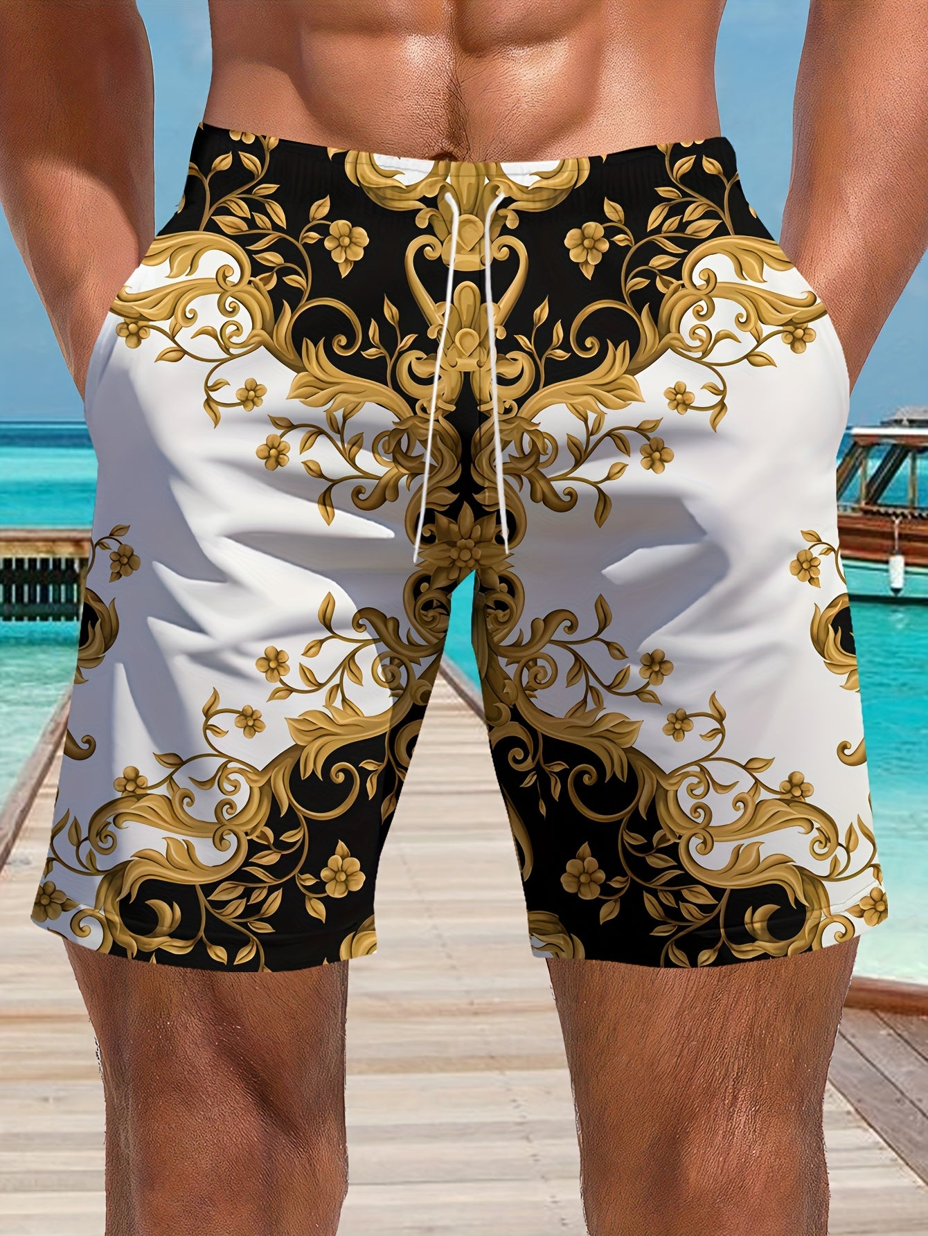 Short homme à cordon de serrage, motif géométrique élégant