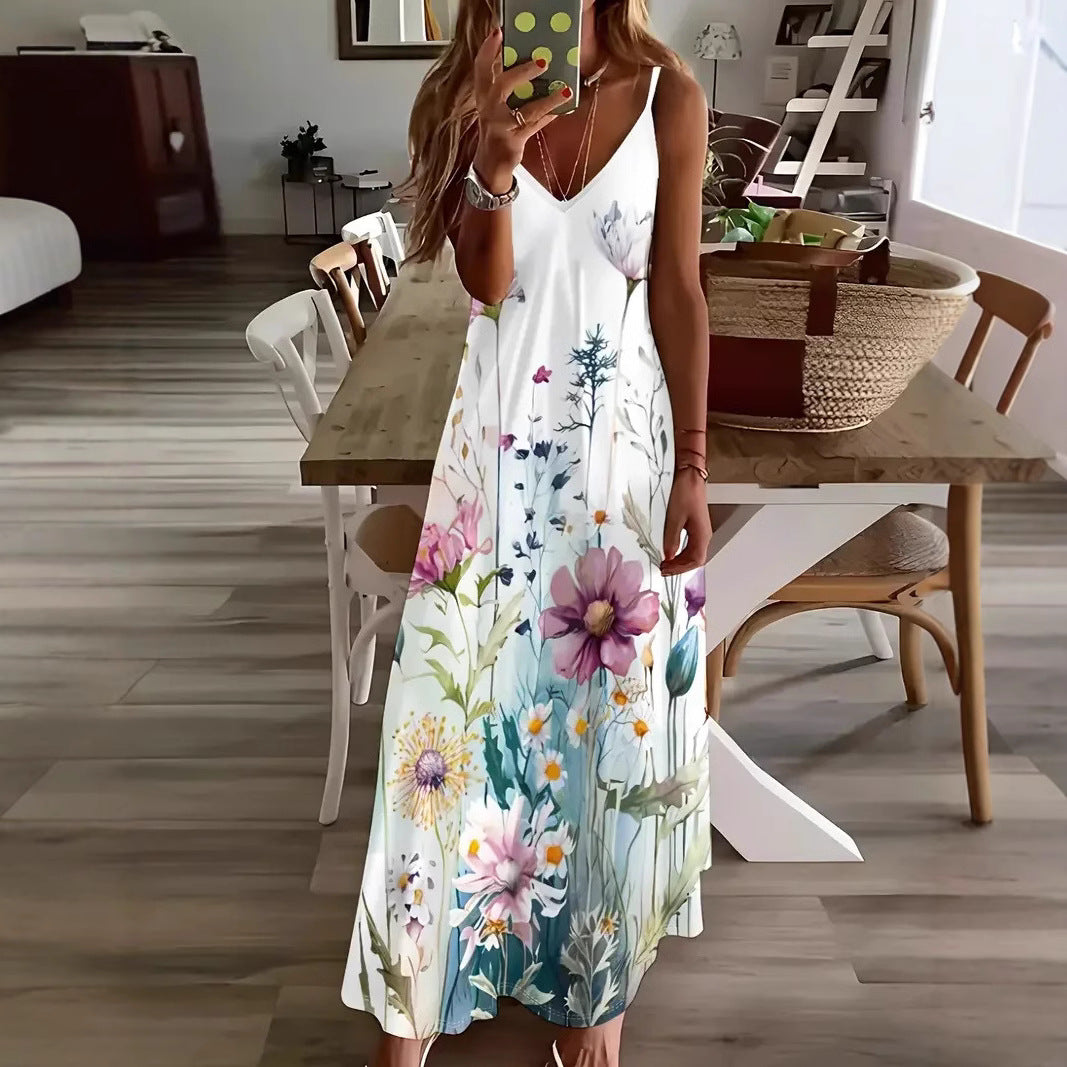 Robe longue sans manches pour femme, imprimée