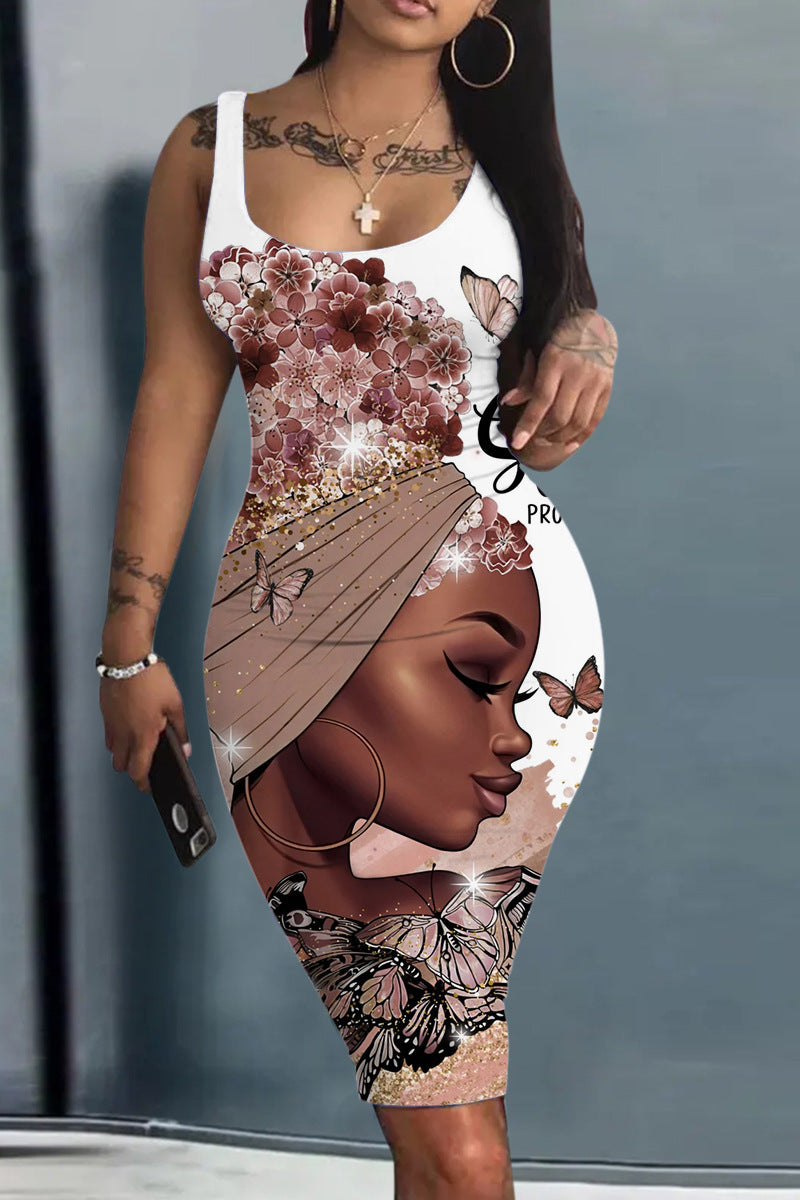 Robe ample à imprimé numérique pour femme, sans manches, col rond, coupe ajustée