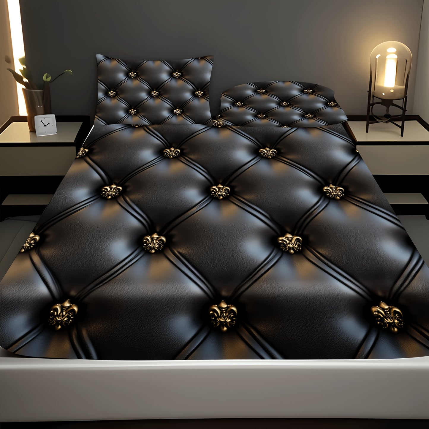 Ensemble de drap-housse capitonné 3 pièces, motif cuir noir avec boutons dorés