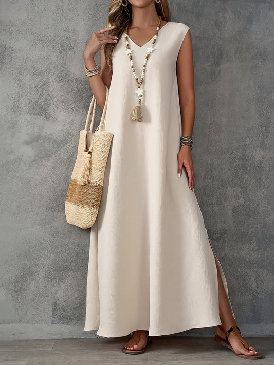 Robe fendue grande taille, couleur unie, décontractée, sans manches