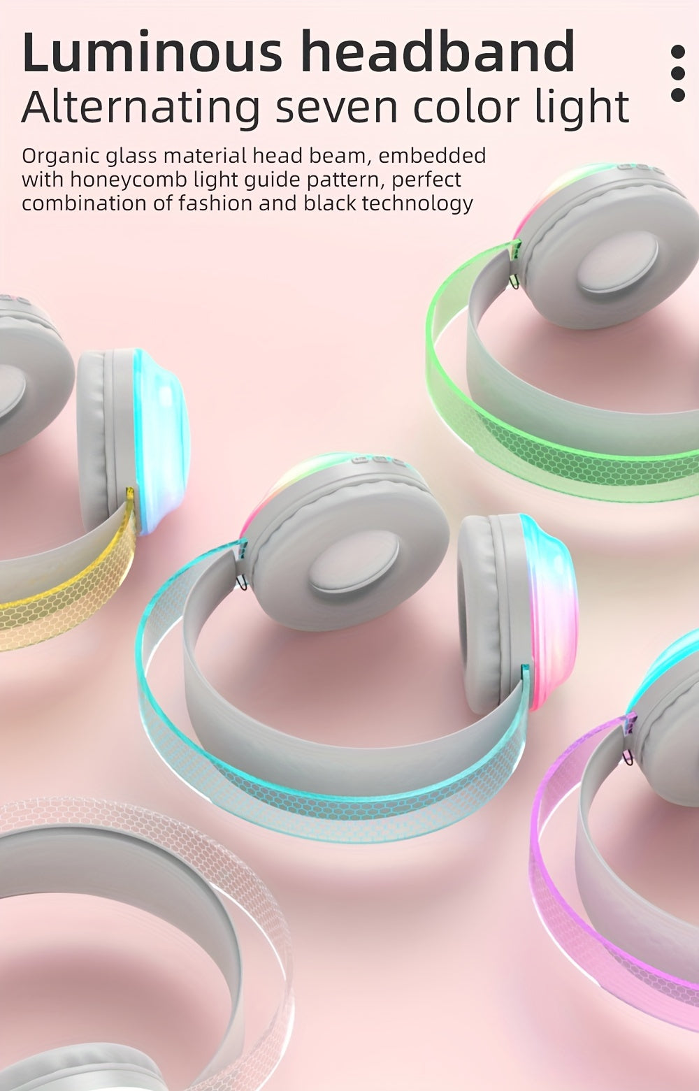 Casque sans fil léger 5.3 + EDR, casque circum-aural sans fil avec micro et lumières