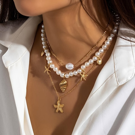 1 collier multicouche à la mode avec décor de coquillages et d'étoiles de mer