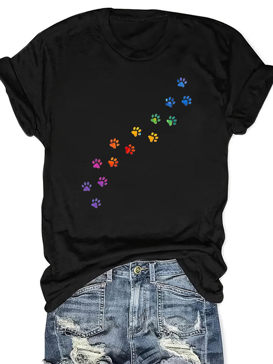 T-shirt ras du cou  imprimé pattes colorées, décontracté - Topdecheztop.fr