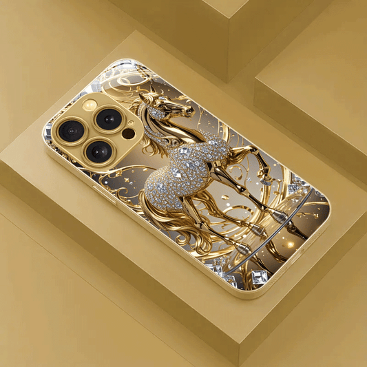 Coque de téléphone de luxe premium en verre avec motif cheval doré - Topdecheztop.fr
