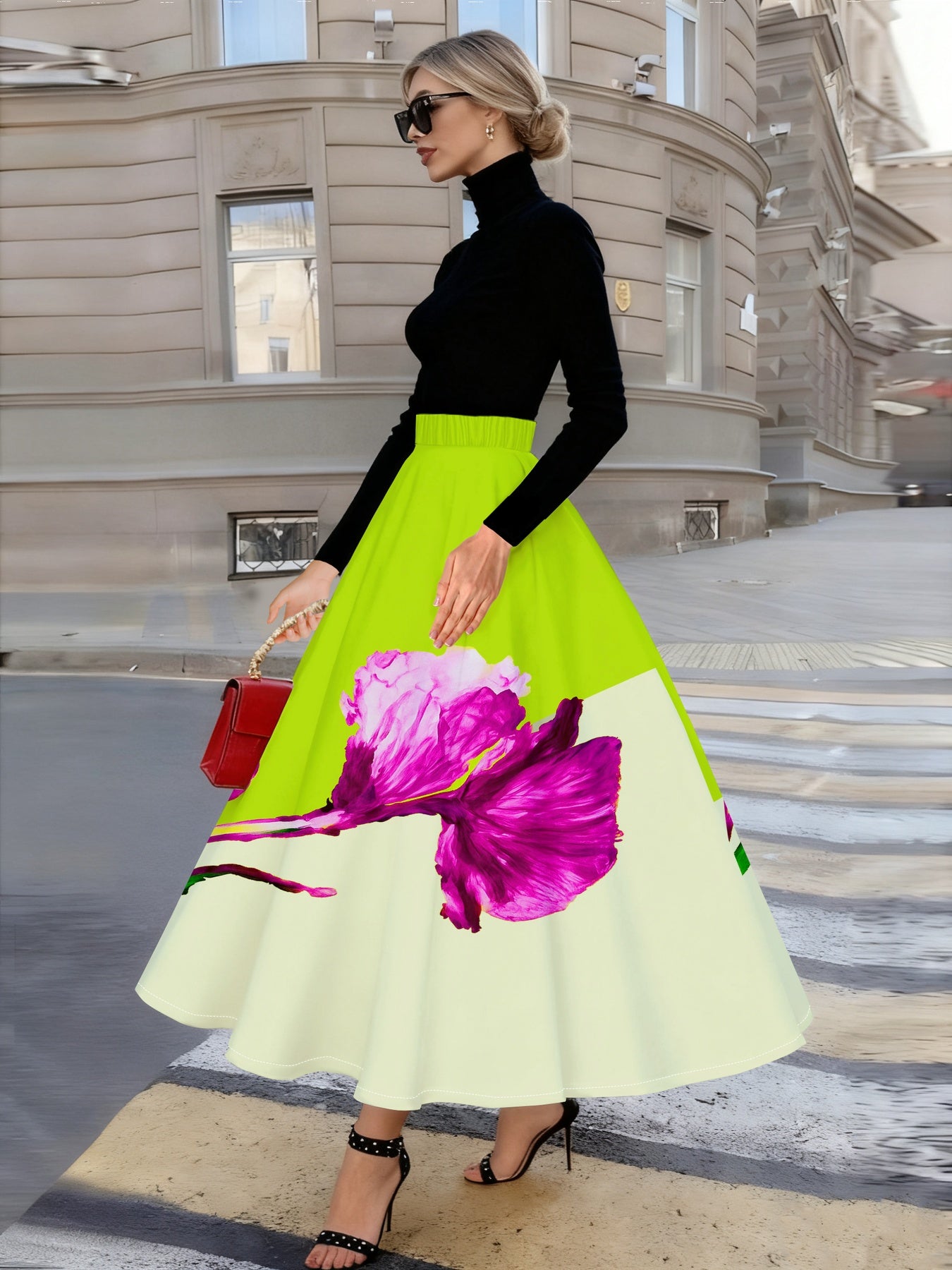 Jupe mi-longue élégante pour femme, imprimée de fleurs et d'orchidées roses