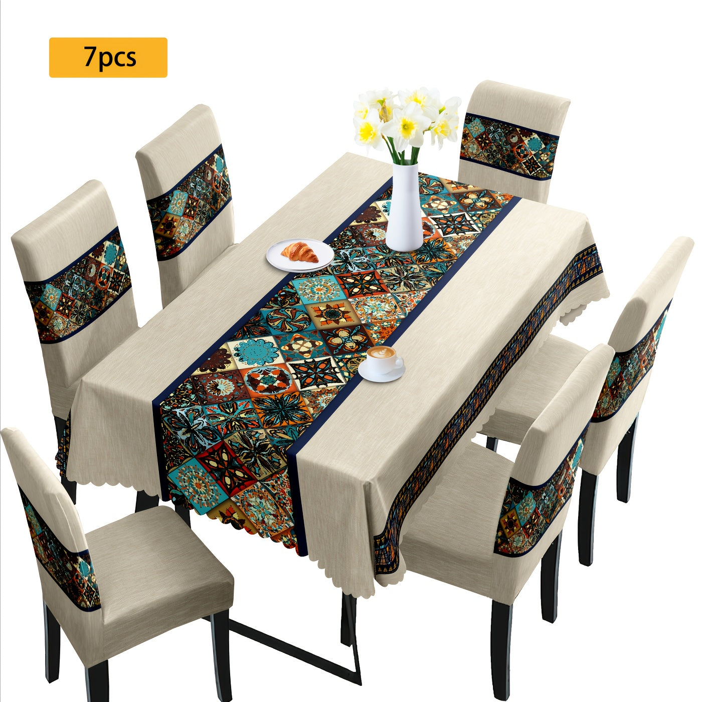 7 pièces Superbe ensemble de nappe rectangulaire + housse de chaise