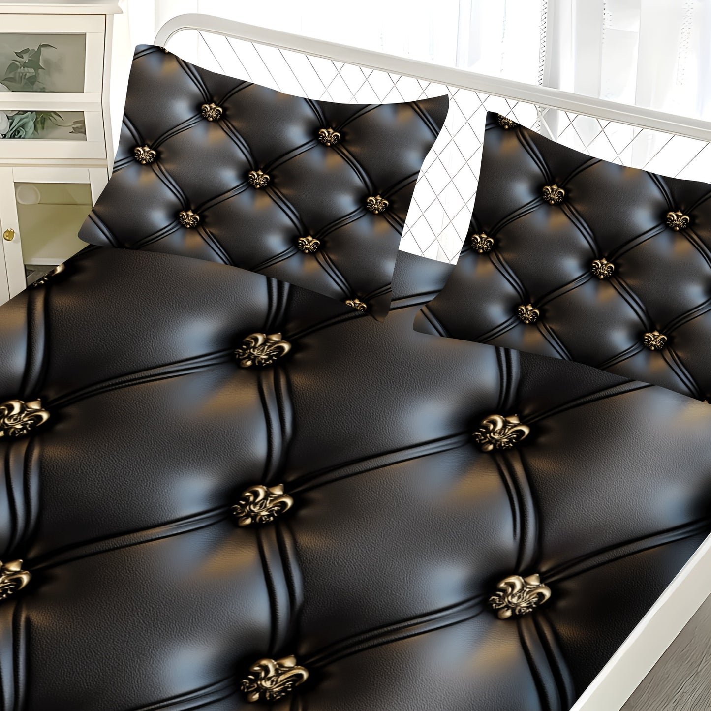 Ensemble de drap-housse capitonné 3 pièces, motif cuir noir avec boutons dorés