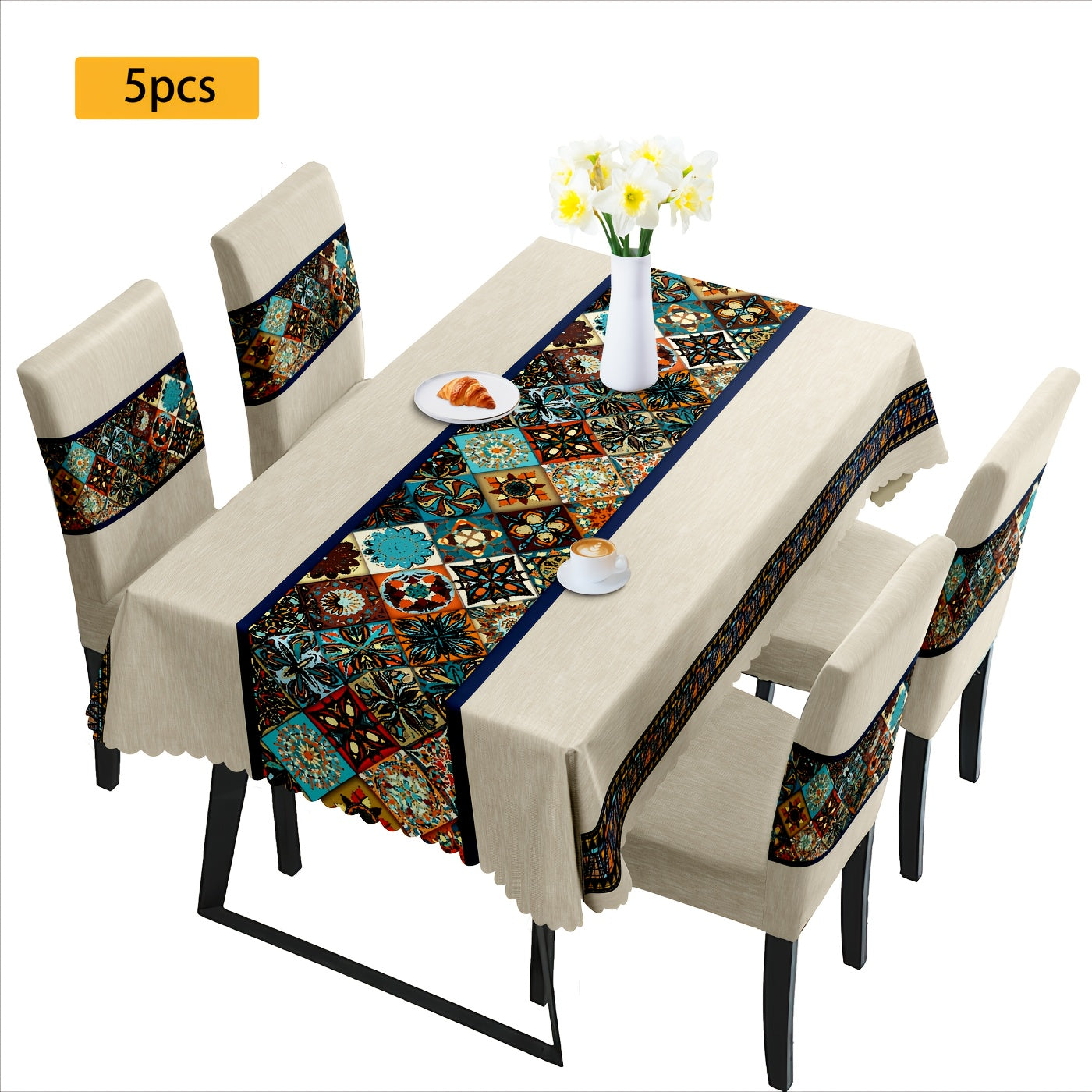 7 pièces Superbe ensemble de nappe rectangulaire + housse de chaise