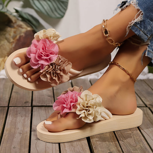 Women's Elegant Floral Flip Flops, Lightweight Flat Slip Onn Holiday Slides, Summer Beach Slides - Topdecheztop.fr