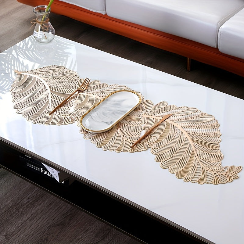 Leaf-Shaped PVC Hollow-Out Golden Stamping Non-Slip Table Runner - Decorative Plastic Table Runner 1pc for Dining and Coffee Table - Topdecheztop.fr