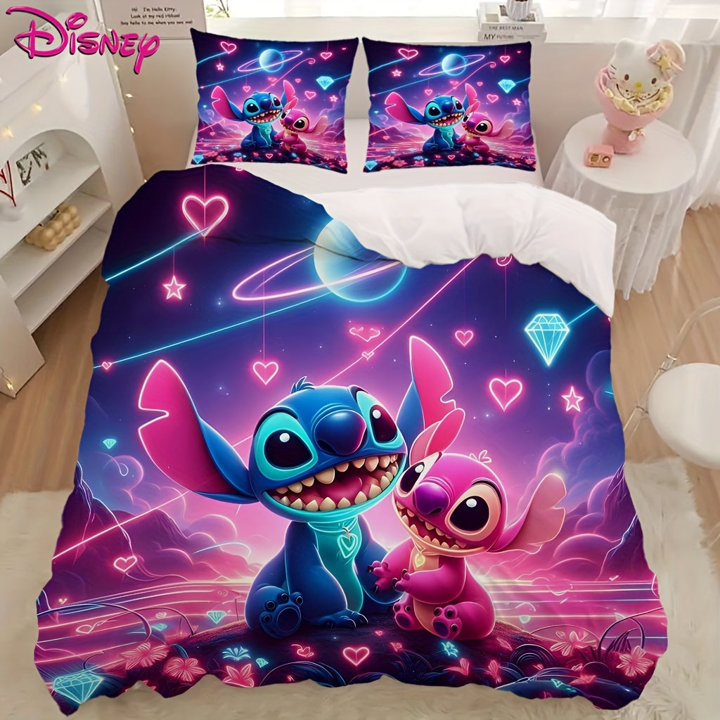 Stitch 3pcs Bedding Set, Cartoon Character Design, Soft Polyester 100, All-Season, Zipper Closure, Machine Washable, Digital Print, 90gsm - Includes Duvet Cover & 2 Pillowcases, Anime Theme Bedroom Decor, Valentine'S Day Gift - Topdecheztop.fr
