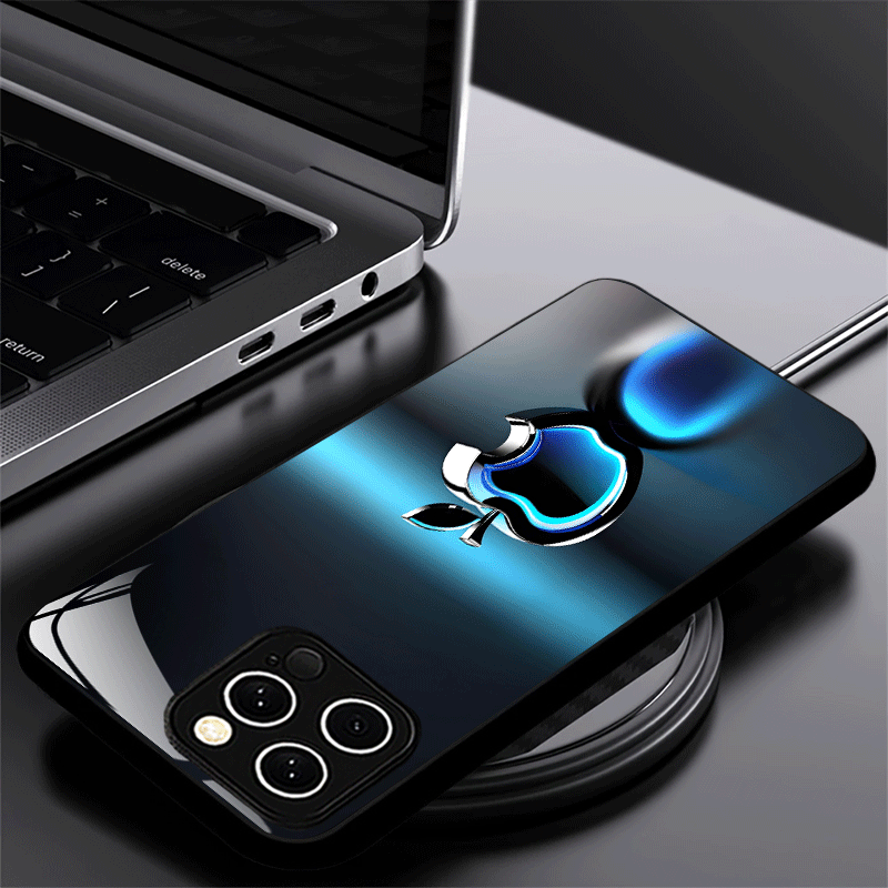 Coque en verre trempé avec logo Apple à effet lumineux bleu