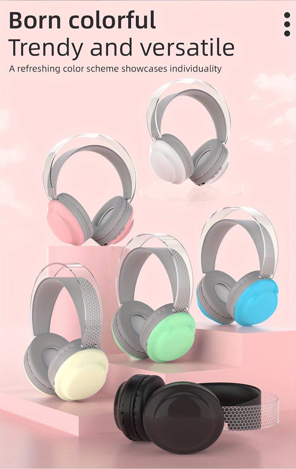 Casque sans fil léger 5.3 + EDR, casque circum-aural sans fil avec micro et lumières