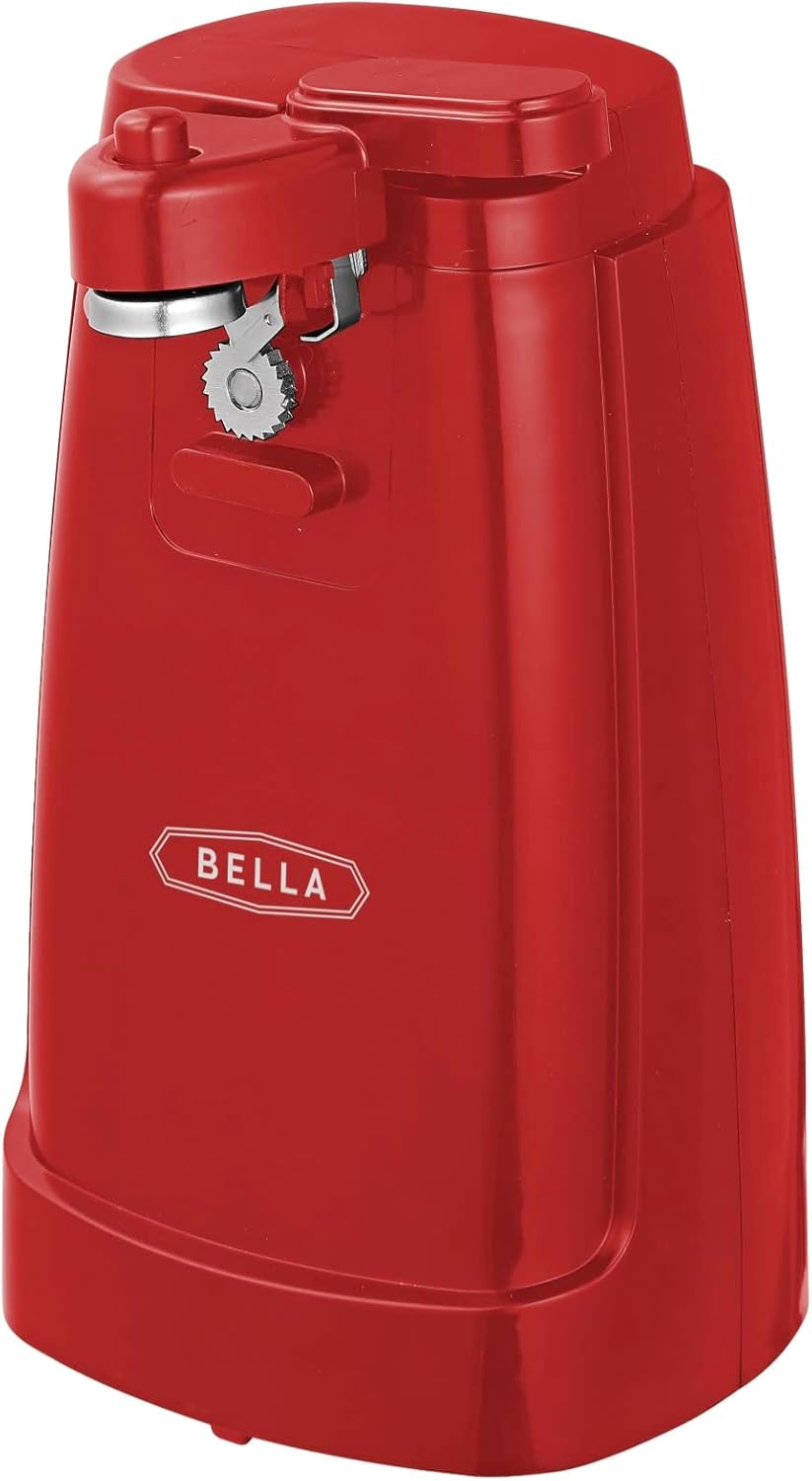 bella Ouvre-boîte Électrique et Aiguiseur de Couteaux, Ouvre-bocal et Décapsuleur Multifonction avec Levier de Coupe Amovible et Rangement de Câble, Lame en Acier Inoxydable, Rouge