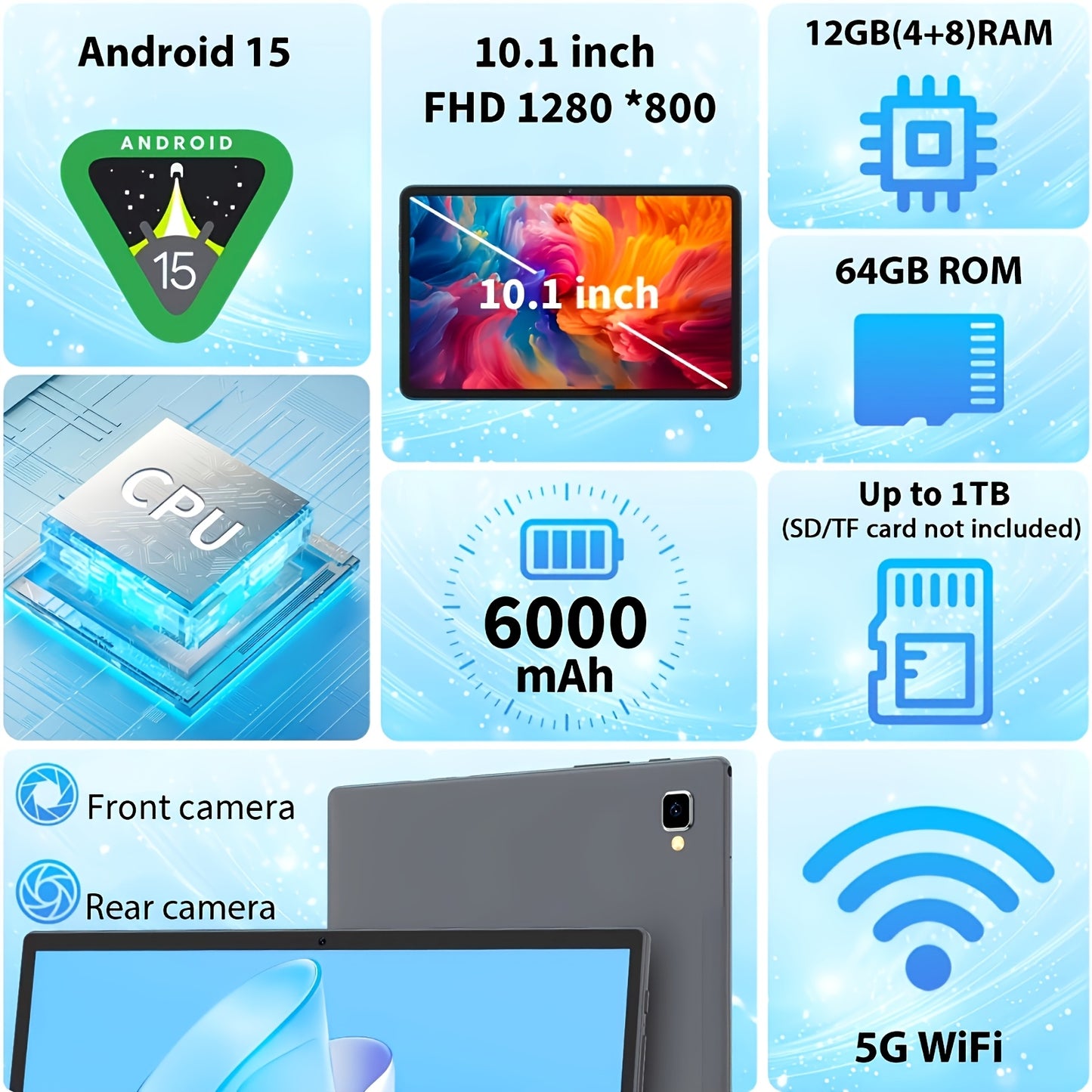 Tablette Android 15, 12 Go