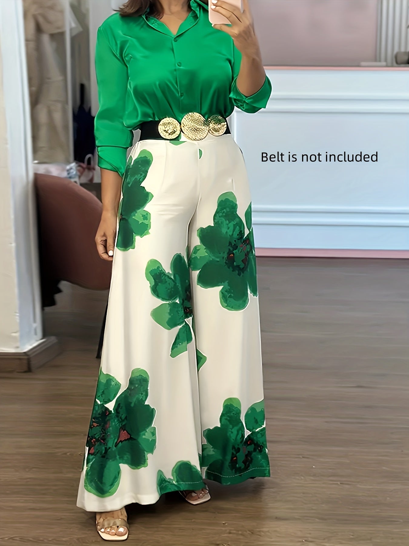 Ensemble deux pièces : chemise à manches longues et pantalon large à imprimé floral décontracté, ceinture non incluse