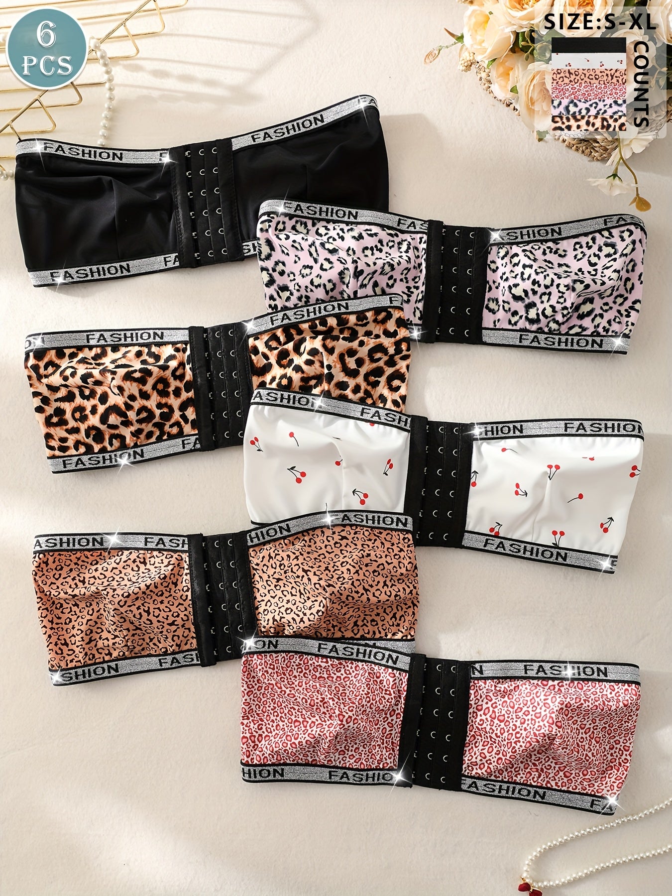 Ensemble de 6 soutiens-gorge sans bretelles à imprimé léopard