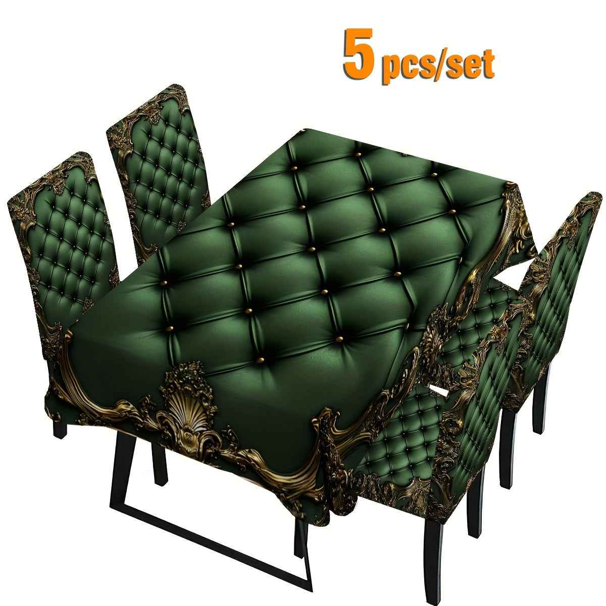 , 5/7pcs Gorgeous High-End Diamond Leather Three-Dimensional Golden Carved Border Pattern Printed Rectangular Tablecloth + Chair Cover Set, All-Polyester Peach Skin Fabric Tablecloth, Removable Chair Cover, Suitable for Famil