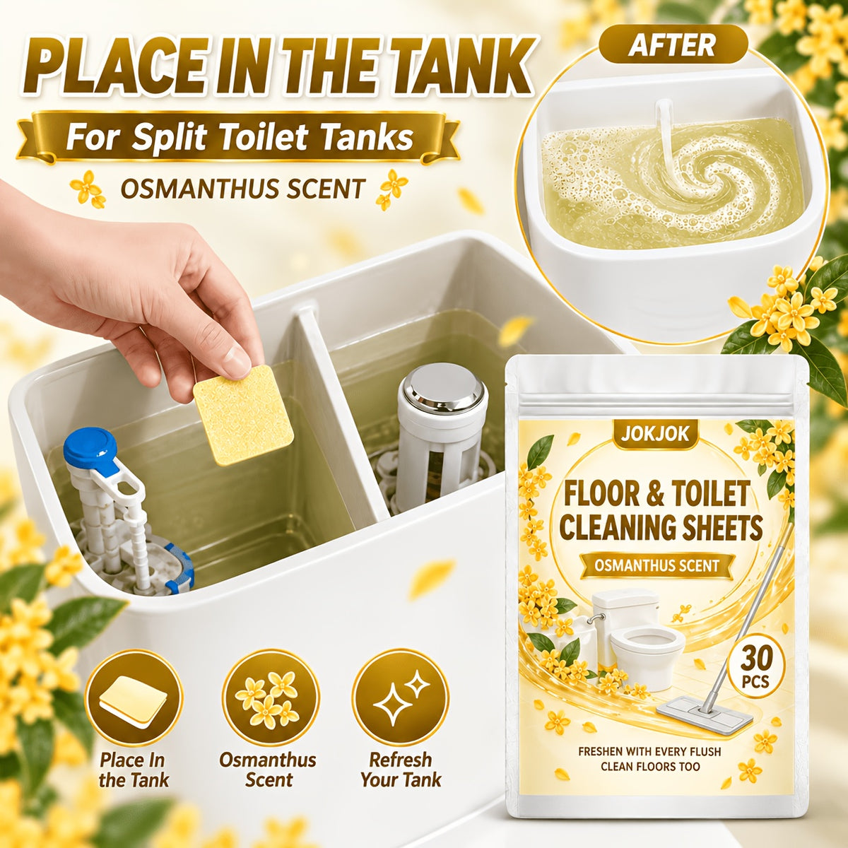 JOKJOK Feuilles de Nettoyage Premium pour Sol et Toilettes 30 pièces, Pastilles de Nettoyage Effaçables Parfumées à l'Osmanthus, Une Feuille par Seau d'Eau, Éliminent les Taches et les Odeurs, Feuilles de Nettoyage Multi-Surfaces pour Carrelage, Parquet, Salle de Bain