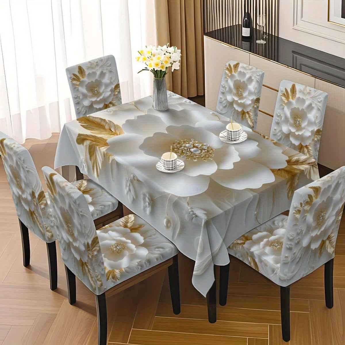 5pcs/7pcs white Golden flower pearl decoration tablecloth and chair cover set, 5pcs include 1 tablecloth and 4 chair covers, 7pcs include 1 tablecloth and 6 chair covers. Washable rectangular tablecloth and chair covers, suit