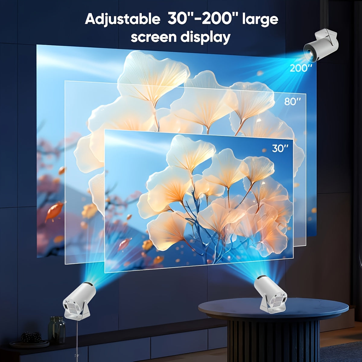 Mini projecteur Full HD 1080p with adjustable screen display sizes from 30 to 200 inches, showcasing a floral image.