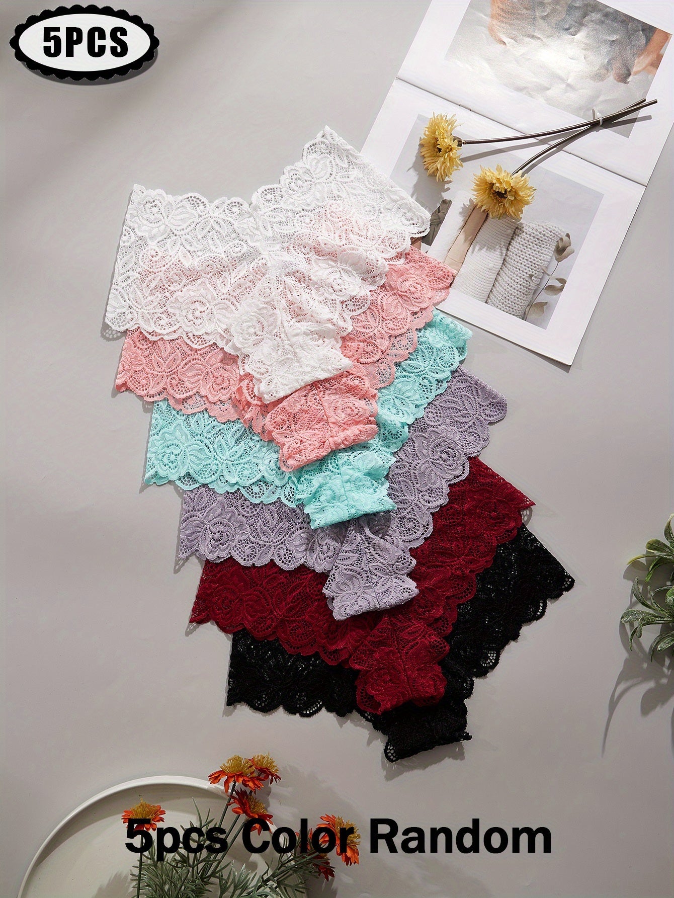 Lot de 5 culottes en dentelle taille basse pour femme, de couleurs aléatoires