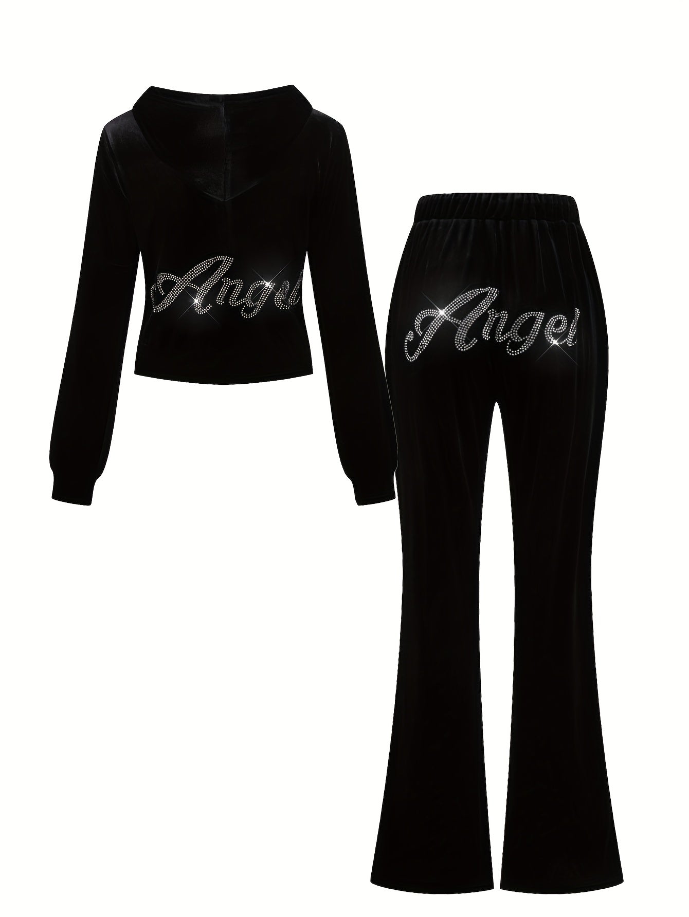 Ensemble décontracté printemps/été pour femme : haut à capuche zippé noir orné de strass et pantalon à poches.