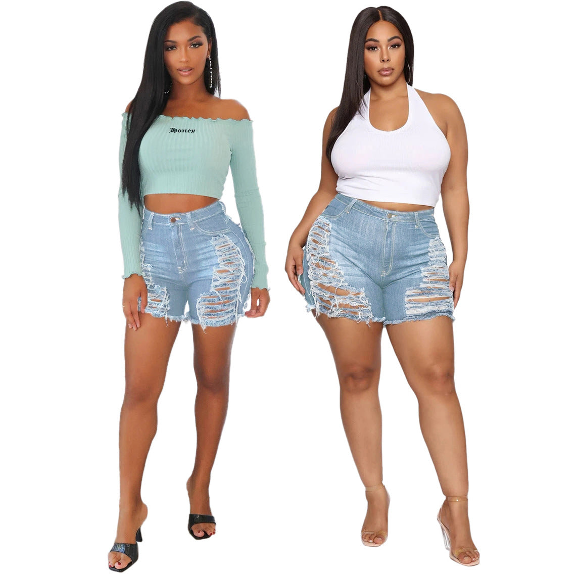 Short en jean stretch délavé troué, coupe slim et polyvalent