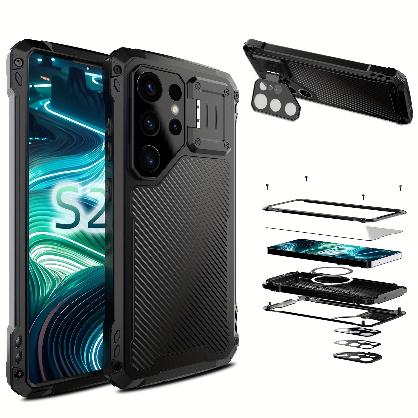 Phone case: for  S24 S23 Ultra armor metal magnetic phone case heavy duty shockproof aluminum cover screen protector