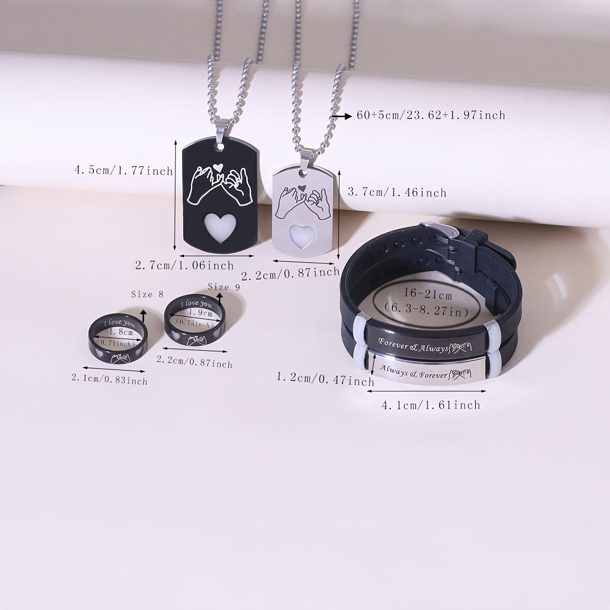 Ensemble de 6 PCS lumineux en forme de cœur, colliers, bracelets et bagues en acier inoxydable pour couples