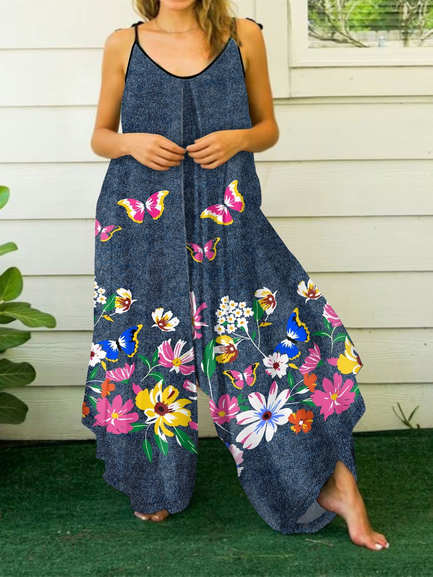 Combinaison grande taille à bretelles, style décontracté, imprimé papillons