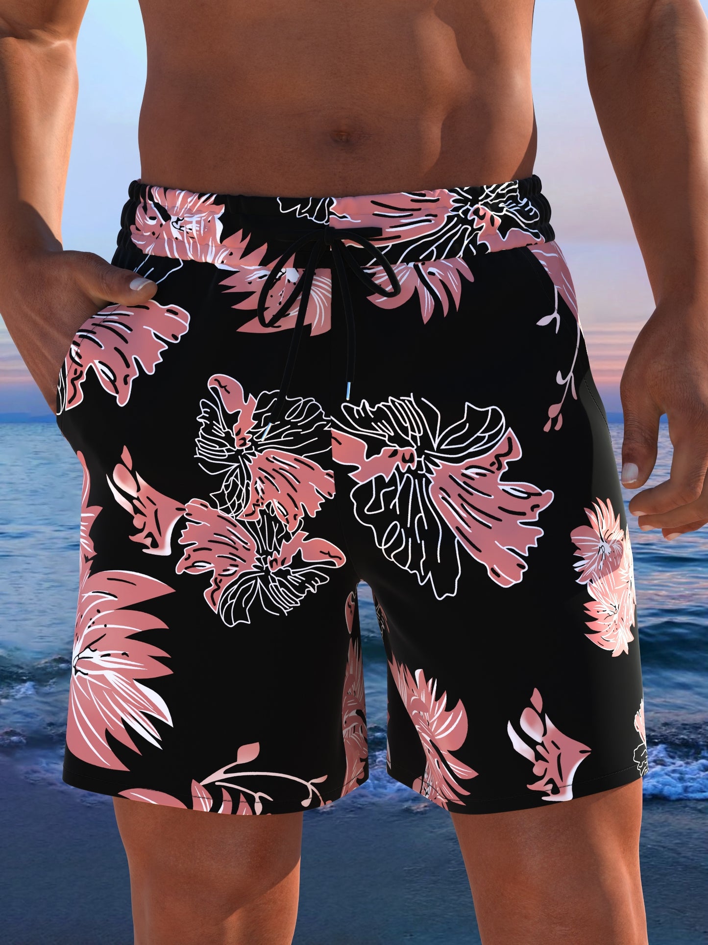 Short de plage pour homme à imprimé tropical avec cordon de serrage ajustable